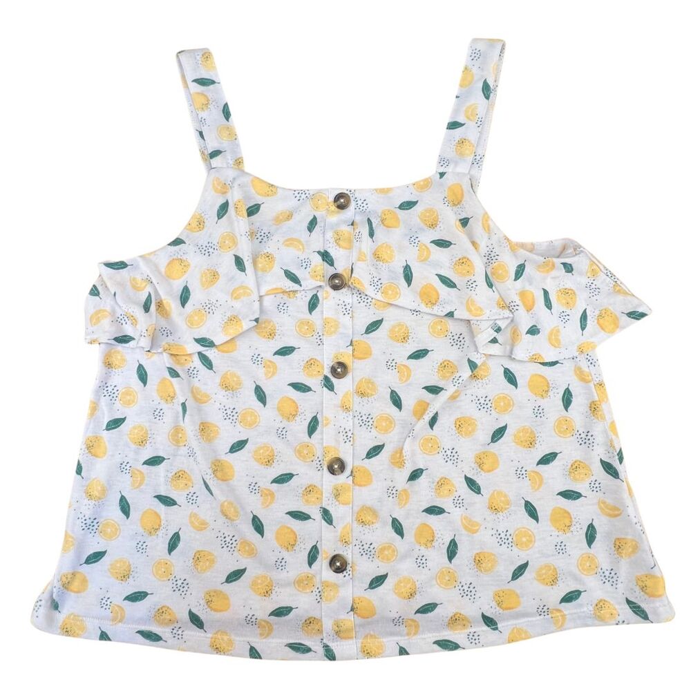 Wallflower Cami XL Lemon Print Button Front Ruffle Flounce Summer Citrus Top
